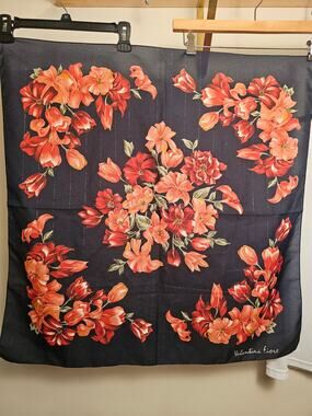 Valentina Fiore Floral Scarf - Navy with Coral Red Flowers